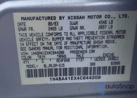 2004 Nissan Maxima 3.5 Sl from USA, damaged, VIN 1N4BA41EX4C844208